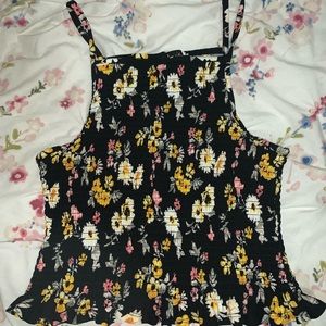 Black Floral Ribbed Crop Top